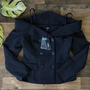 EXPRESS NWT Women's Off The Shoulder Double Breasted Blazer Size: 4 Color: Black